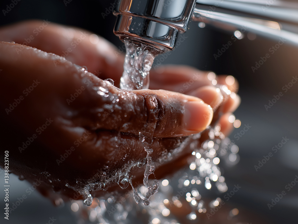 Fototapeta premium Nahaufnahme von menschlichen Händen unter einem Wasserhahn mit Wassertropfen und Spritzern in hoher Detaildarstellung