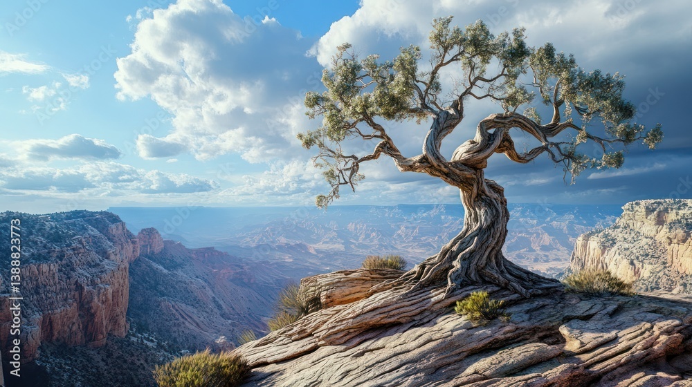 A weathered tree stands alone overlooking a vast canyon landscape A weathered tree stands alone overlooking a vast canyon landscape