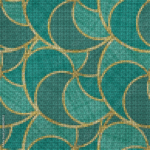 Embroidery. Circle, segment. Tracery seamless pattern. Cross-stitch. Decorative lobule waves. Geometric pattern, openwork. Mosaic. Oriental pattern. Modern ornament. Green tone.