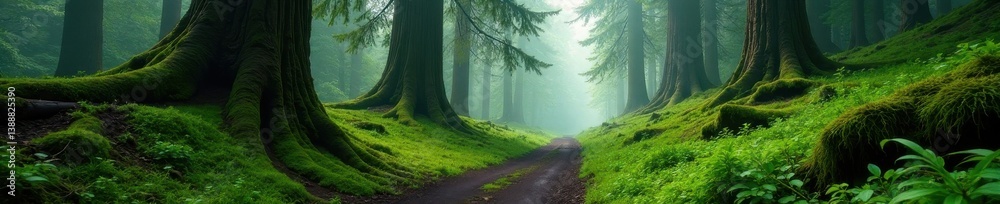 Obraz premium Misty trail, ancient trees draped in moss, Pacific Northwest, outdoor, pacific northwest