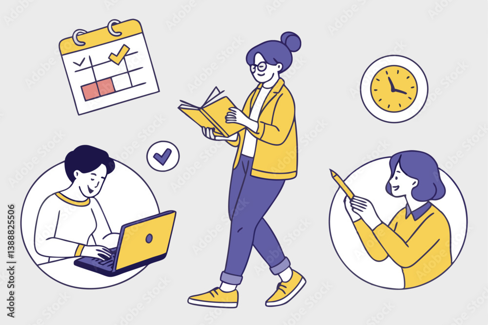 Modern Flat Illustration of Productive Team with Laptops, Calendars, and Planning Tools in Purple and Yellow Modern Flat Illustration of Productive Team with Laptops, Calendars, and Planning Tools in Purple and Yellow