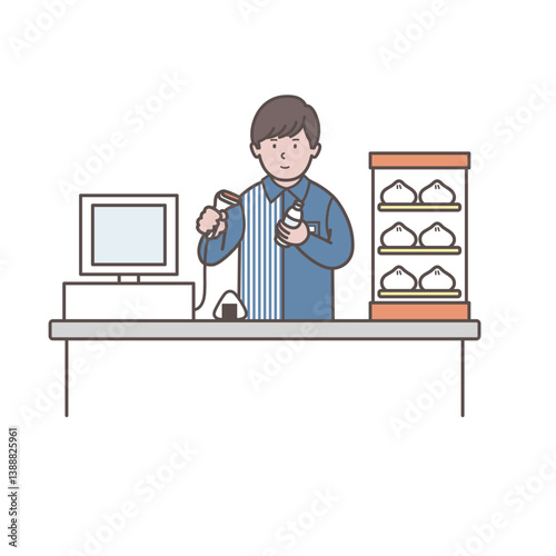 レジで働く男性コンビニ店員のイラスト