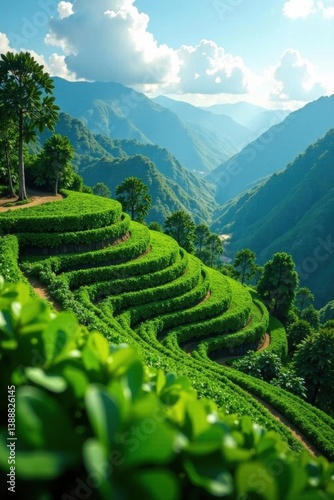 Terraced coffee farm with vibrant green plants , field, ground