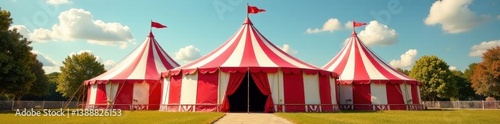 Red and white striped circus tent, classic design , pole, joy