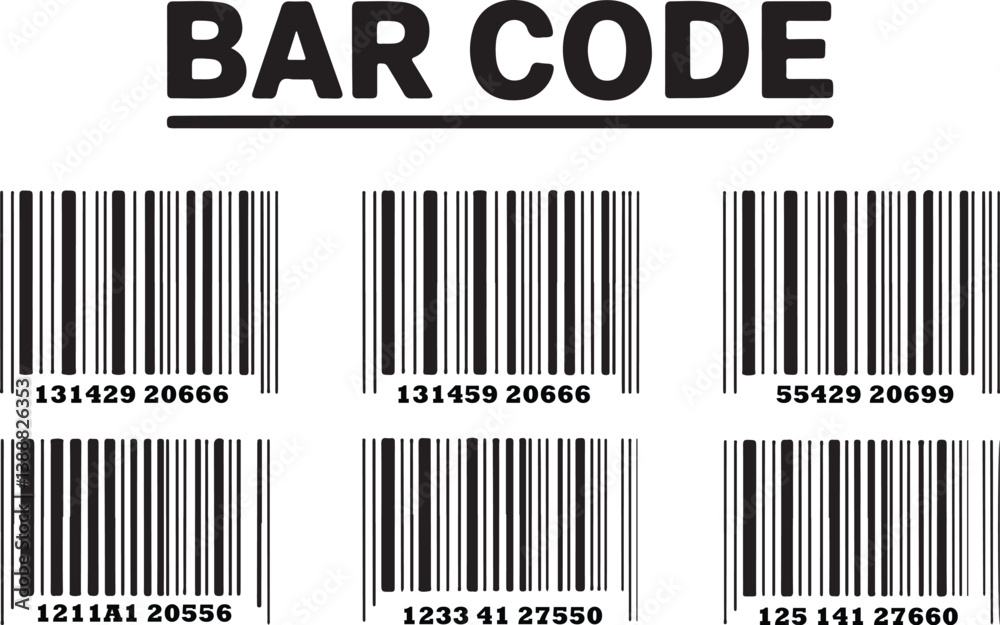 Barcode set, multiple barcodes collection, black and white barcode design, product labeling, inventory tracking