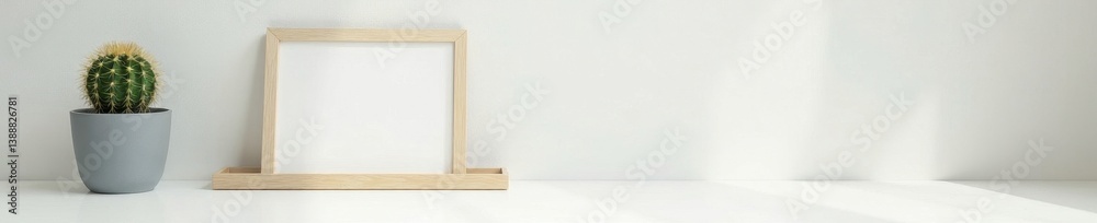 Fototapeta premium Clean white desk, picture frame, small cactus, workspace, design, office