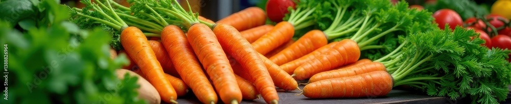 Vibrant orange carrots, lush green veggies Farmer's market display , market stall, crunchy Vibrant orange carrots, lush green veggies Farmer's market display , market stall, crunchy
