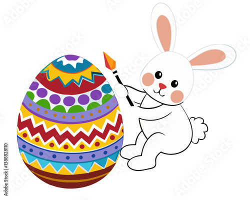 Vector of a cartoon bunny painting colorful patterns on an egg, isolated on white background.  For Easter Day
