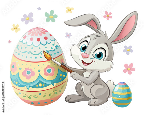 Vector of a cartoon bunny painting colorful patterns on an egg, isolated on white background.  For Easter Day
