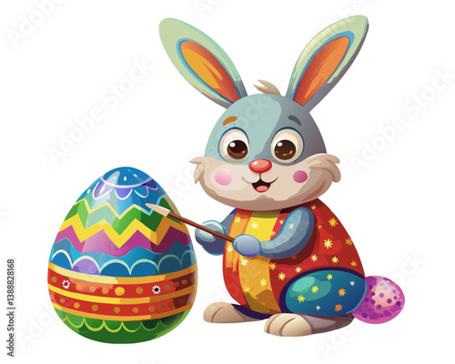 Vector of a cartoon bunny painting colorful patterns on an egg, isolated on white background.  For Easter Day

