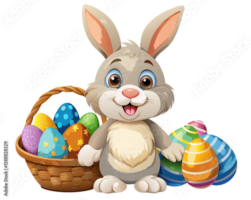 Vector illustration of a cute Easter bunny holding a basket full of colorful decorated eggs, smiling happily, isolated on white background.  For Easter Day
