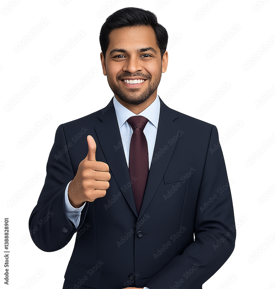 Indian businessman in suit showing thumbs up and confident smile – isolated PNG