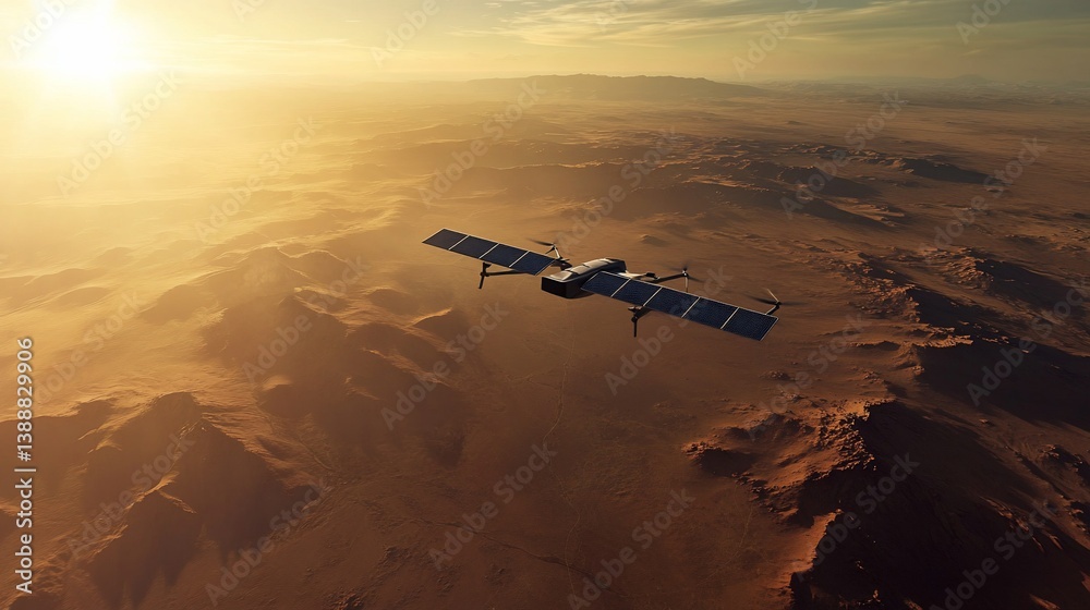 Naklejka premium Autonomous solar-powered drone navigates across a breathtaking desert landscape