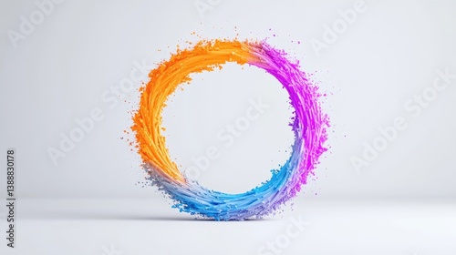 Colorful vibrant ring of paint splashes.  A dynamic, abstract circular frame, formed by swirling, energetic splashes of orange, pink, and blue paint.  The colors blend smoothly,