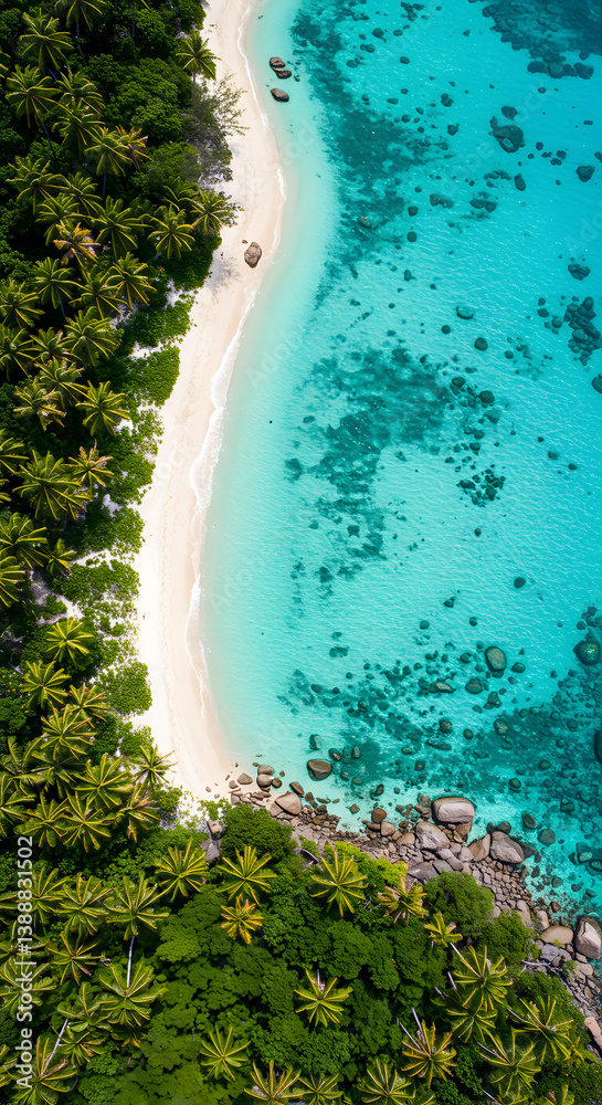 Turquoise water lapping the white sand beach on a tropical island with palm trees and lush foliage Turquoise water lapping the white sand beach on a tropical island with palm trees and lush foliage