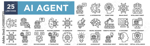 AI Agent icon collection set. Containing design digital mind, ai controller, agent,virtual assistant,ai brain