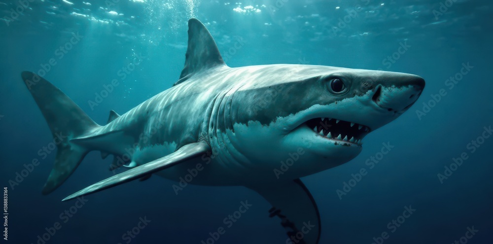 Fototapeta premium Massive great white shark underwater, eyes fixed, hunting, powerful, nature photography