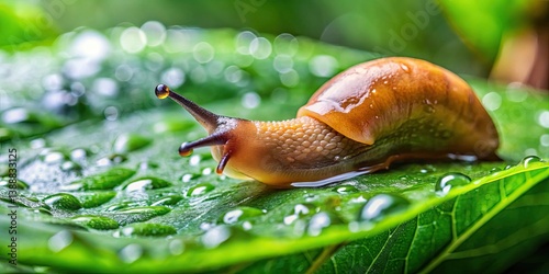 A close-up, detailed photo of a slimy slug crawling on wet leaves in a garden setting , slug, garden, creepy, crawling