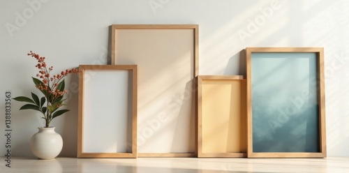 Set of diverse wooden frames against minimalist backdrop, wall, brown, contemporary