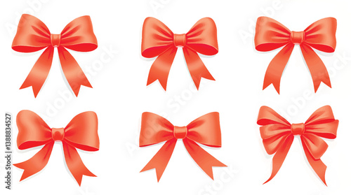 Red ribbon bow vector set isolated on white background, vector