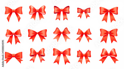 Red ribbon bow vector set isolated on white background, vector