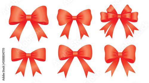 Red ribbon bow vector set isolated on white background, vector