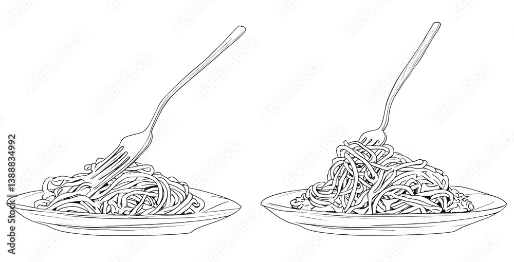 Two Plates of Spaghetti with Forks, Line Art Sketch, Isolated on Transparent Background, Food Illustration, Pasta, Italian Food, Menu Design