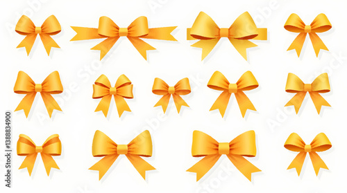Yellow ribbon bow vector set isolated on white background, vector