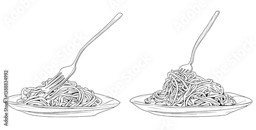 Obraz na płótnie Two Plates of Spaghetti with Forks, Line Art Sketch, Isolated on Transparent Background, Food Illustration, Pasta, Italian Food, Menu Design w salonie