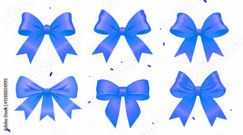 Blue ribbon bow vector set isolated on white background, vector