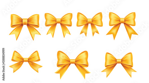 Yellow ribbon bow vector set isolated on white background, vector