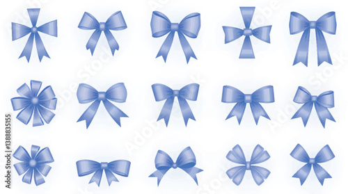 Blue ribbon bow vector set isolated on white background, vector