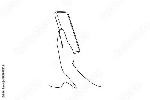 woman's hand holding a smartphone. side view. Calculator, Smartphone, Laptop concept. Single line draw design. Vector graphic illustration
