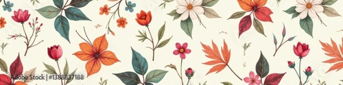 Subtle repeating leaf & flower pattern, muted tones, greenery, palette, plant