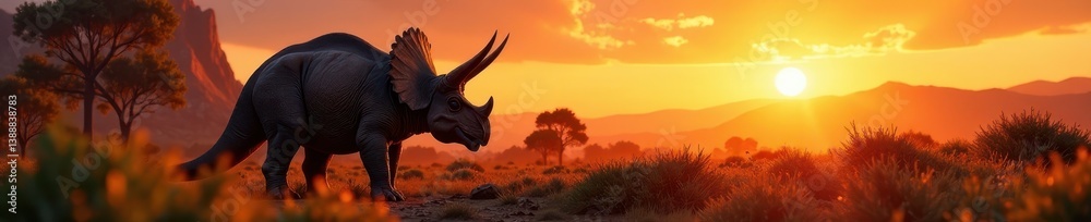Fototapeta premium Triceratops grazing at sunset, vibrant prehistoric vegetation, paleoart, reptile, evolution