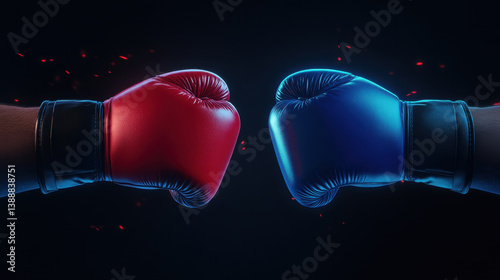 Boxing gloves clash in dramatic showdown, one red and one blue, symbolizing competition and intensity. contrasting colors highlight energy of sport