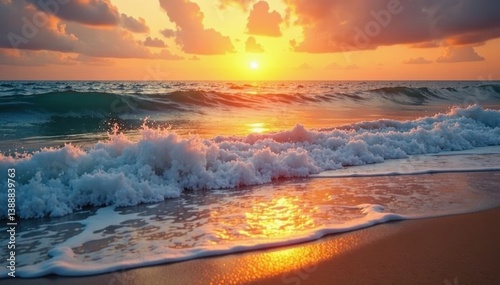Golden sunset reflects on calm ocean waves, soft sand visible , tranquil, calm, travel