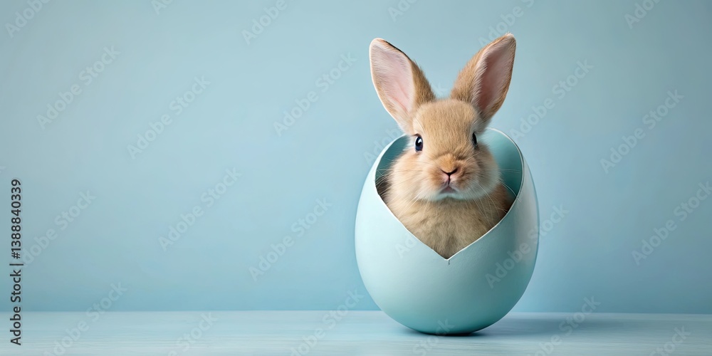 Fototapeta premium Cute Easter bunny nestled inside blue Easter egg on soft pastel blue background, Easter, bunny, egg, blue, cute