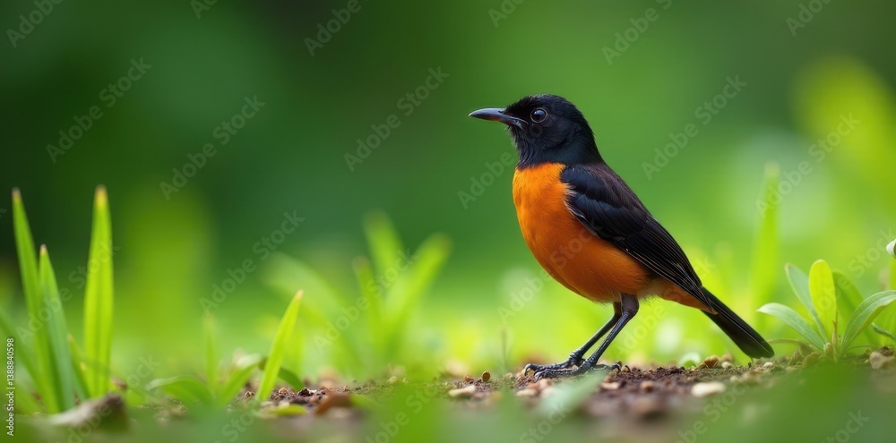 Alert Cape Robin Chat pauses, eyes scanning undergrowth for insects , look, attentive, searching for food Alert Cape Robin Chat pauses, eyes scanning undergrowth for insects , look, attentive, searching for food