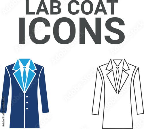 Lab coat icons. Containing experiment, test tube, microscope, flask, chemical, biology, research, lab and more. Solid vector icons collection.