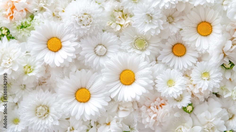 Obraz premium A beautiful arrangement of white flowers. A close-up view of various white flowers, including daisies, carnations, and other blooms. 