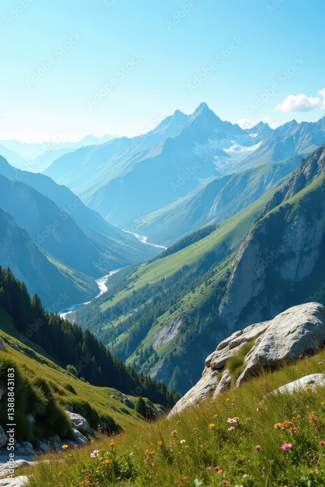 Fototapeta premium Expansive mountain view, rolling hills, clear sky, wild, rural