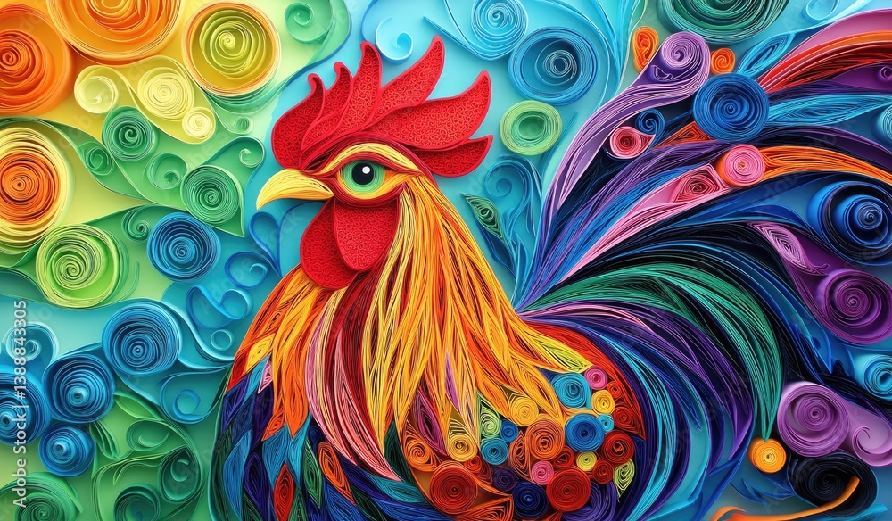 Fototapeta premium A vibrant, colorful paper quilling artwork featuring a majestic rooster with intricate swirls and patterns against a vivid backdrop.
