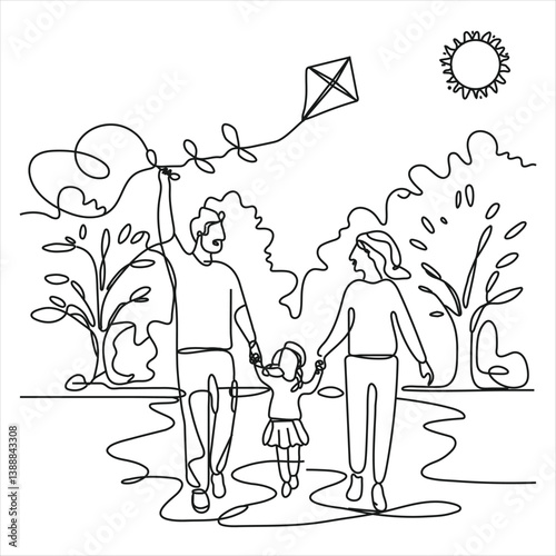 Family Holding hand this continuous line illustration shows a family consisting of a father, mother and  small children walking happily together. The elegant minimalist art style with smooth lines.