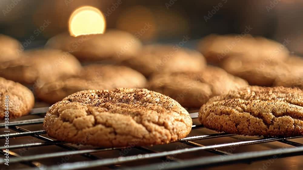 Freshly baked cookies cooling on a wire rack with festive lights