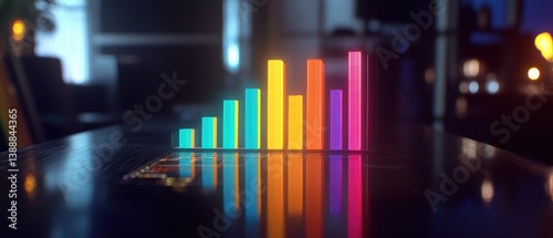 Obraz na płótnie A vibrant bar graph display reflecting data trends on a sleek surface, illuminated by ambient lighting. w salonie