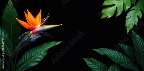 Vibrant bird of paradise & lush tropical leaves on black  , foliage, nature