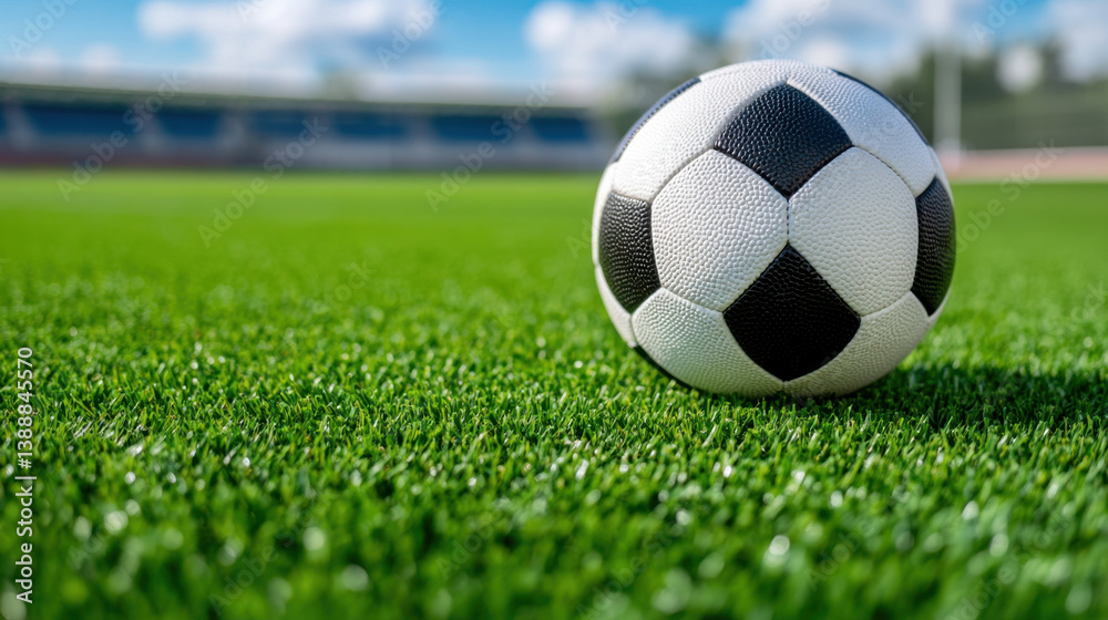 close up of soccer ball resting on vibrant green turf, capturing essence of game and excitement of outdoor sports. bright sky adds to lively atmosphere close up of soccer ball resting on vibrant green turf, capturing essence of game and excitement of outdoor sports. bright sky adds to lively atmosphere