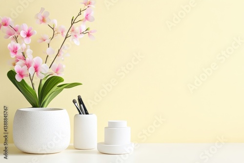 Wallpaper Mural Soft pastel-colored, minimalist, beauty products display with artificial flowers Torontodigital.ca