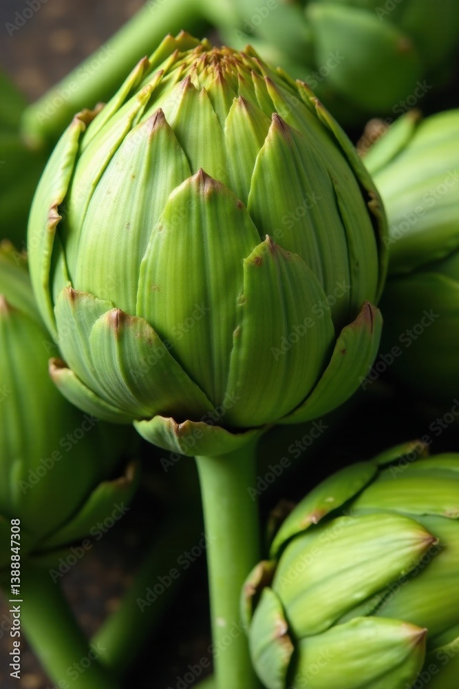 Fototapeta premium Vibrant green artichokes, tightly closed, farm fresh , leaf, shadow